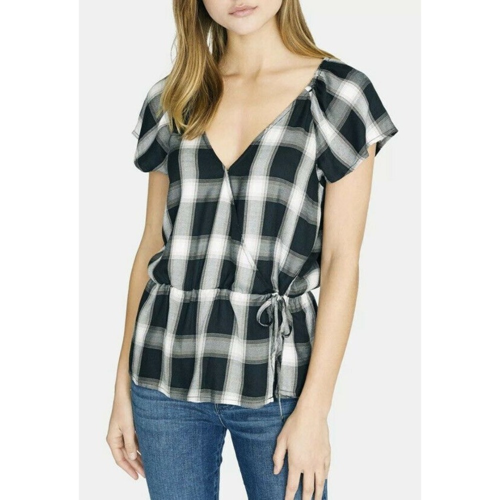 Sanctuary Sunstone Faux Wrap Plaid Top‎ Black Size XS NWT
